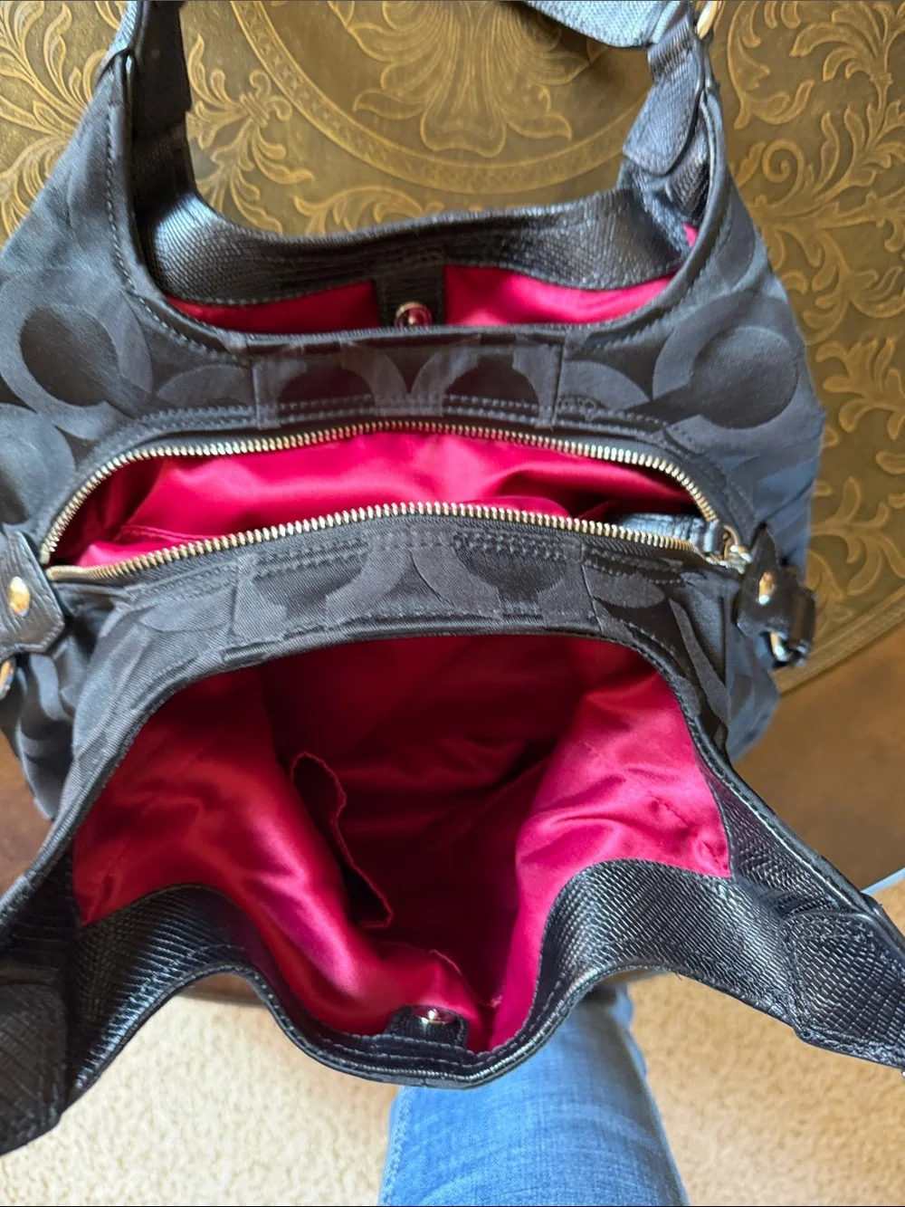 Coach Black Signature C Satin Hobo Bag